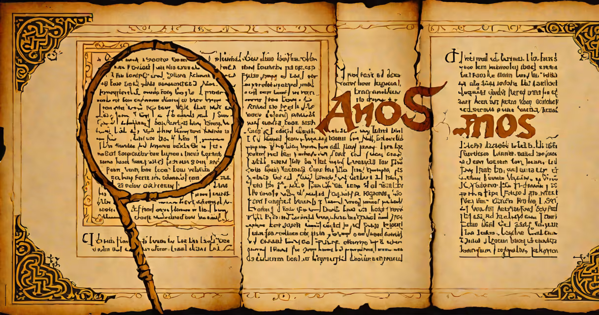 Ancient scroll fragment showing the Hebrew word for Amos, with a stylized representation of a prophet delivering a message