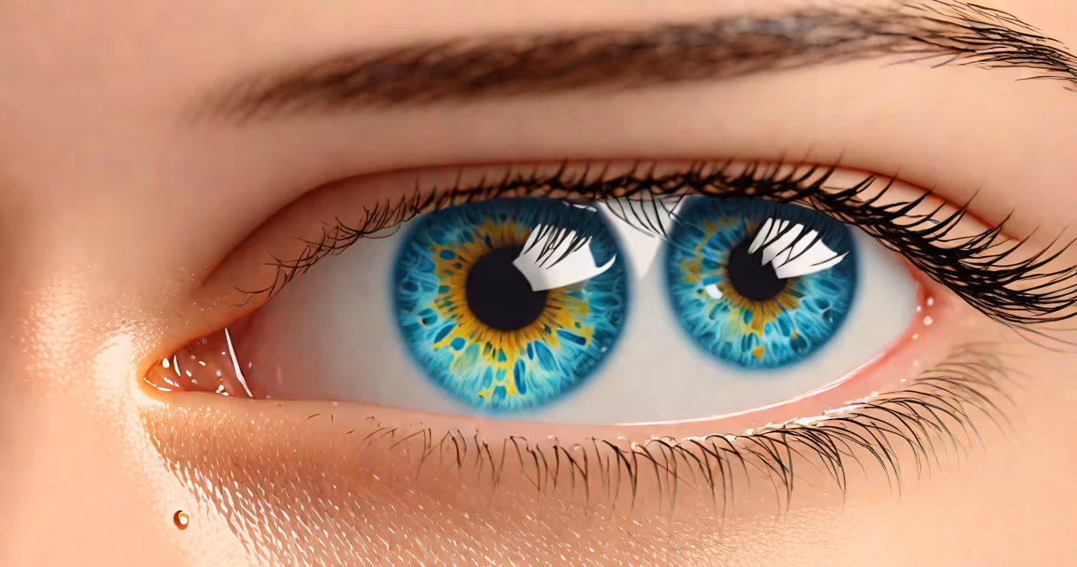 Close-up of human eye with clear liquid droplet forming at inner corner