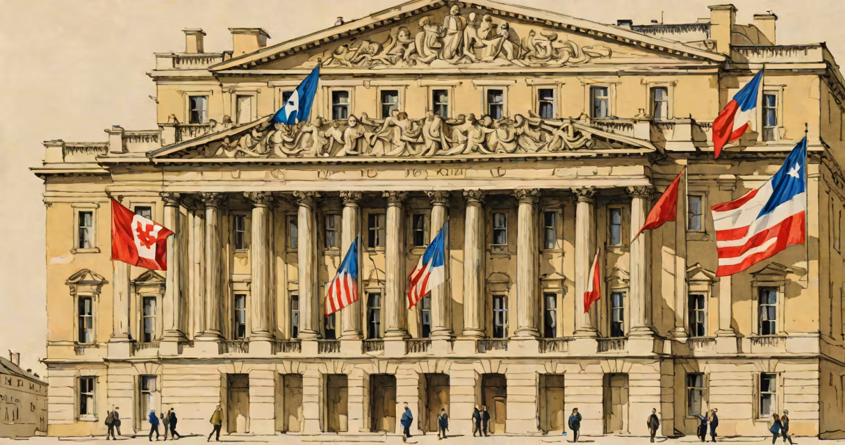 Illustration d'un bâtiment gouvernemental avec drapeaux et symboles nationaux