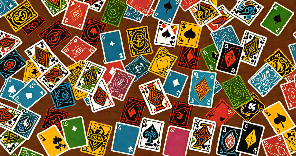 A colorful spread of popular card games on a wooden table, including Uno, Magic: The Gathering, and Exploding Kittens