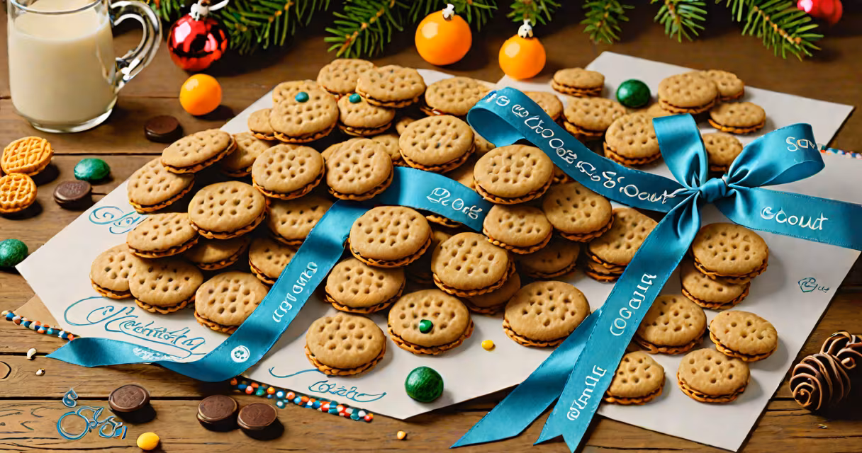 Girl Scout cookies displayed on a wooden table with seasonal decorations and a blue sash