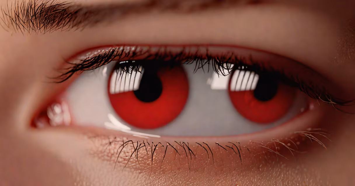 Close-up of a person's red eye in the morning, soft lighting, neutral background