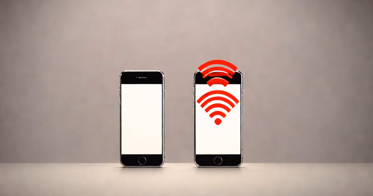 A smartphone showing low Wi-Fi bars with a red warning icon, placed near a wall and a microwave