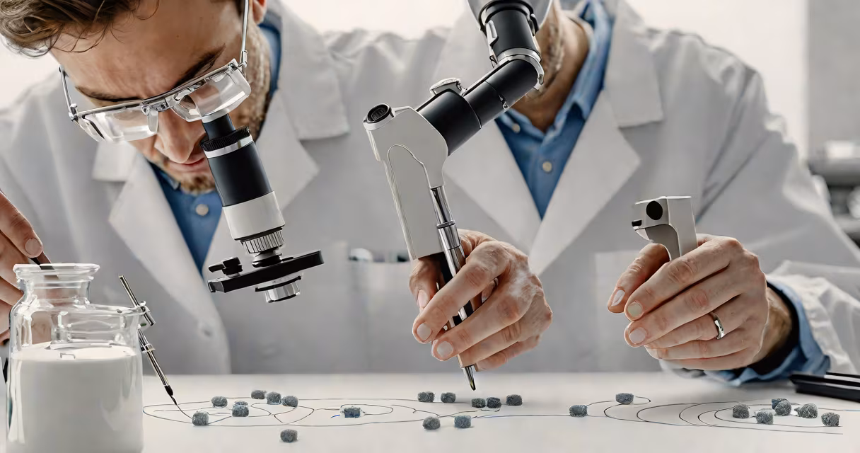 A researcher in a lab coat examining a microscope slide with cell cultures under a light microscope