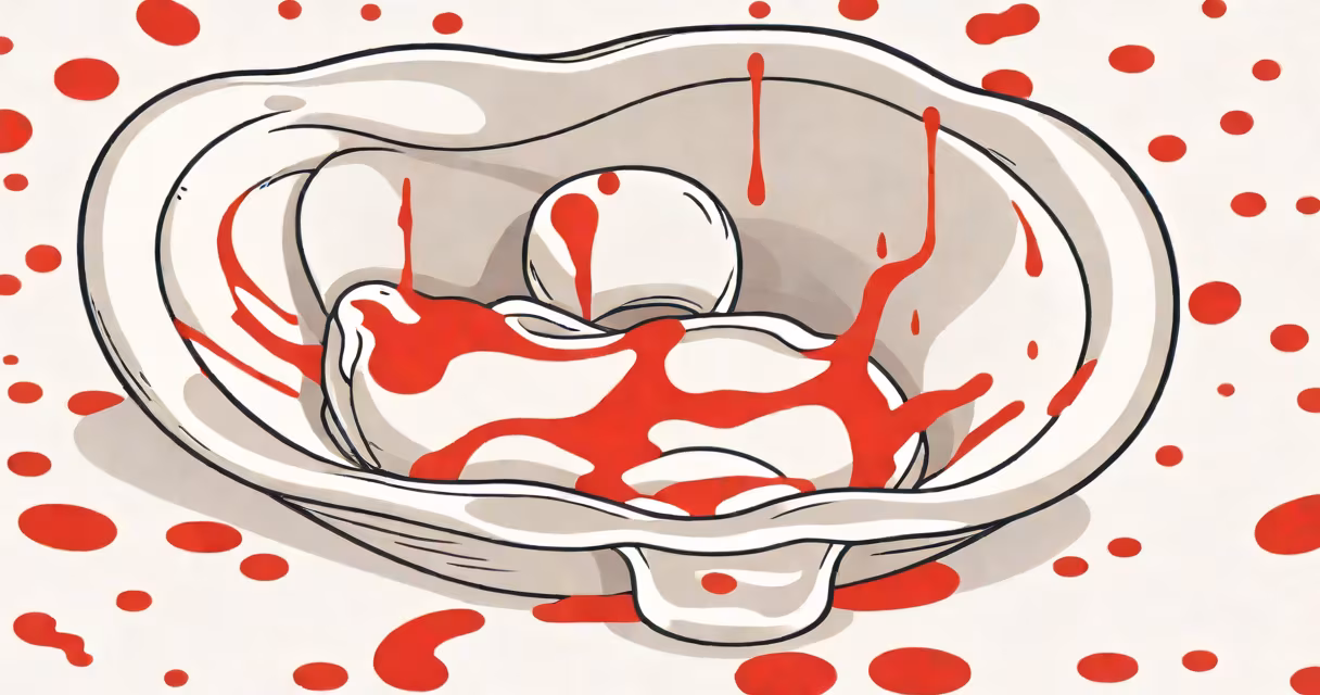 Close-up of a baby's diaper with a small amount of red streaks in the stool, on a white background