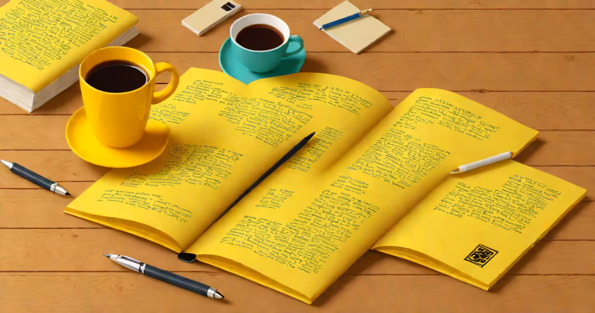 Vintage yellow pages phone book open on a wooden table with a pen and coffee cup nearby