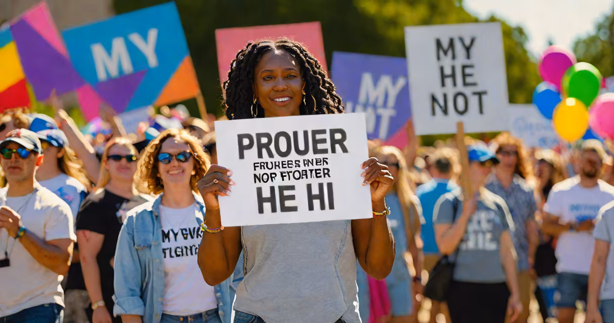 A person holding a sign that says "My pronouns are he not him" at a pride event