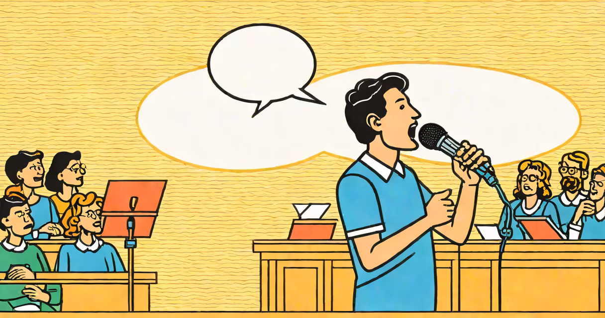 A person speaking clearly into a microphone, demonstrating reading aloud