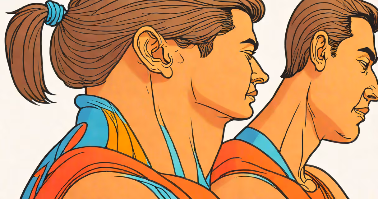 Side profile of a person rubbing their neck and shoulder, showing tension in the upper back and neck muscles