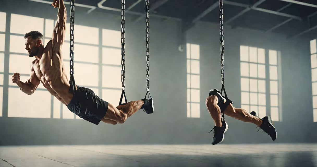 Side view of a man performing a hanging leg raise in a gym, emphasizing core engagement