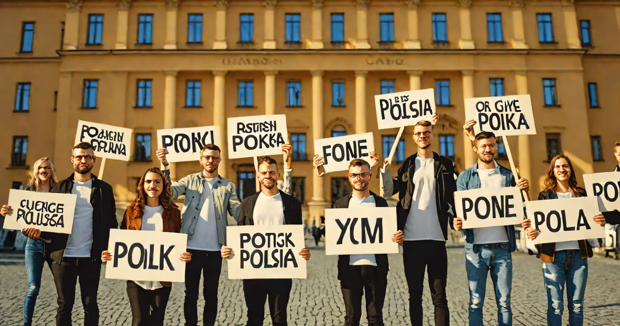 A diverse group of young Poles in Warsaw, holding handmade signs with slogans in Polish, standing in front of a historic city building