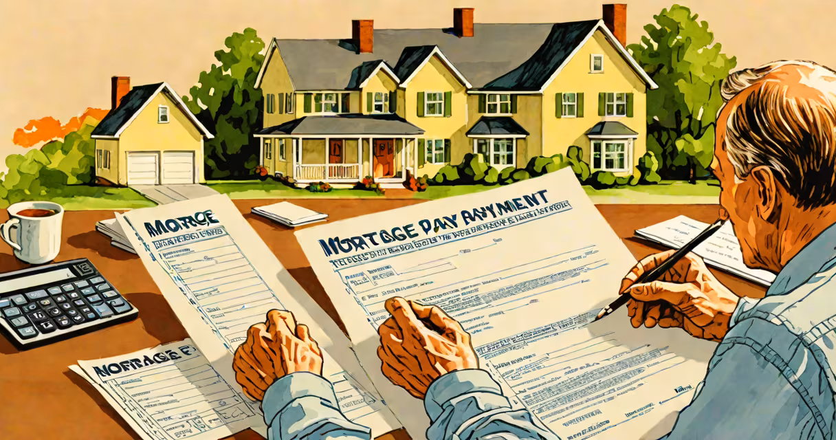 Illustration of a homeowner reviewing tax documents with a mortgage statement and IRS form