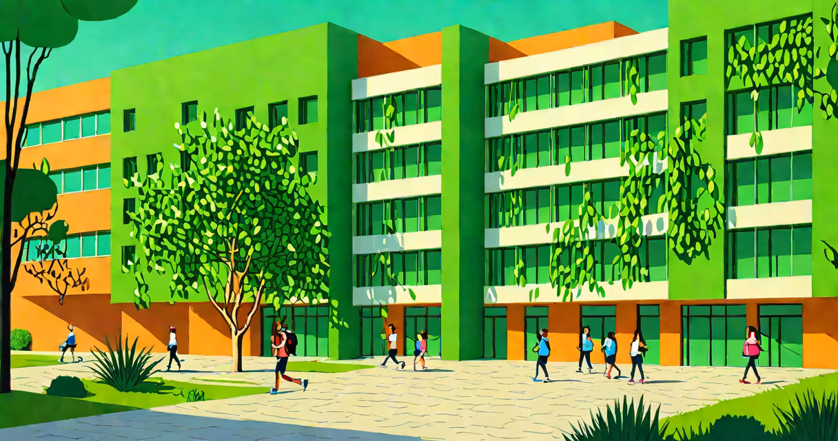 Modern school building with green facade and courtyard, located in urban Valencia neighborhood