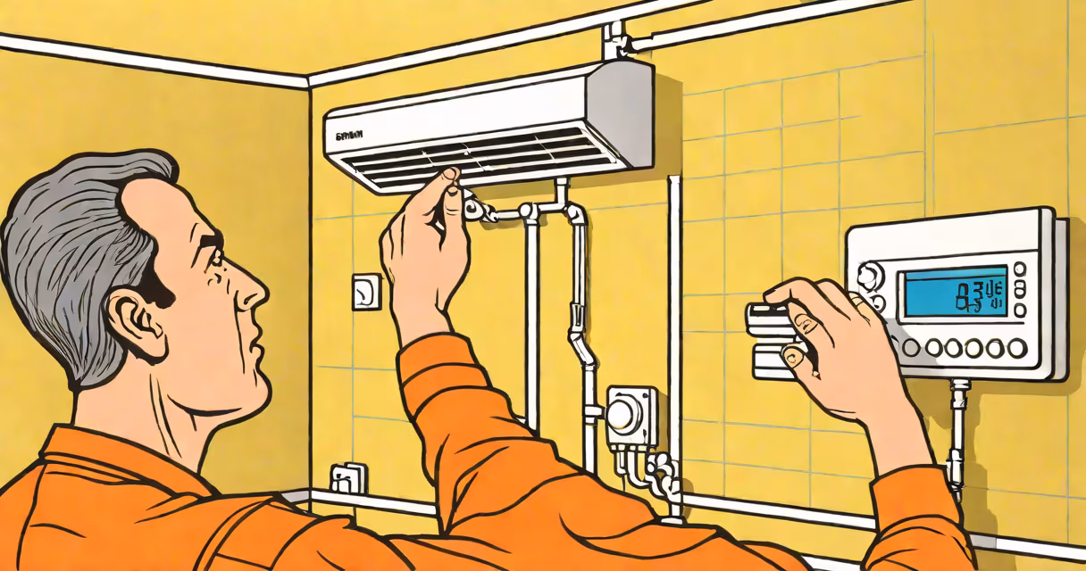 A homeowner checks a wall thermostat while warm air flows from a vent, contrasting with cold air from another vent