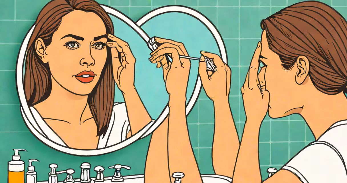 Close-up of a woman in her 20s examining thinning hair in a bathroom mirror