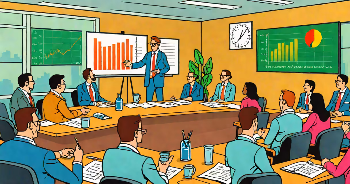 Photograph of a professional economist presenting data charts in a meeting room