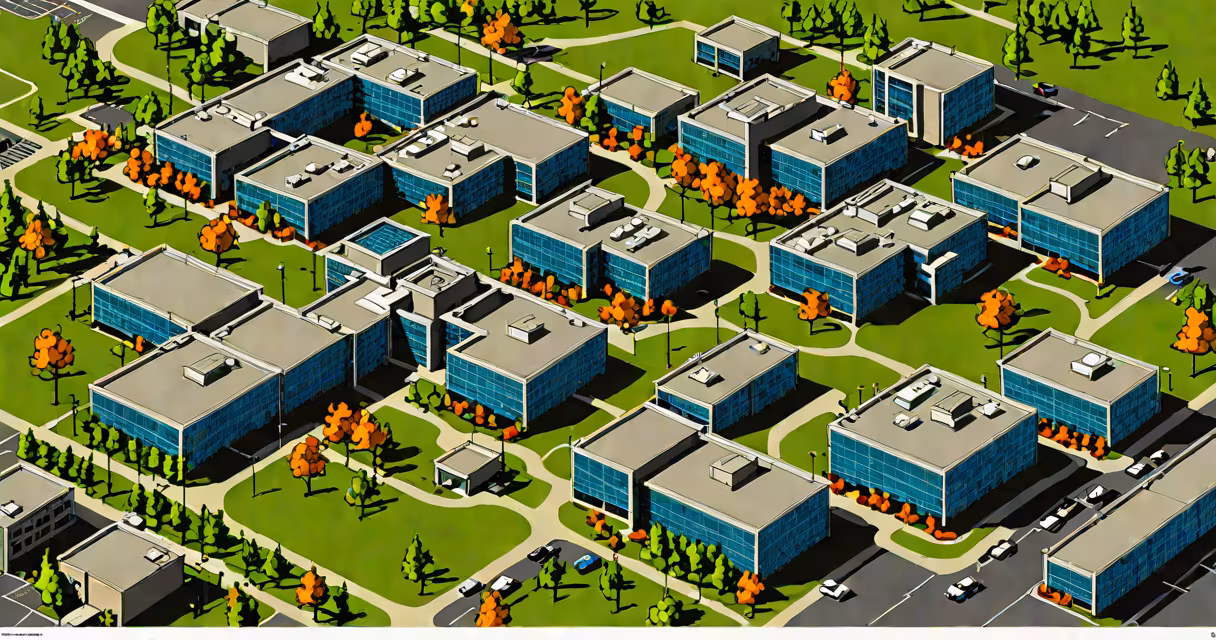 Photograph of Microsoft headquarters campus in Redmond, Washington, showing modern office buildings and walkways