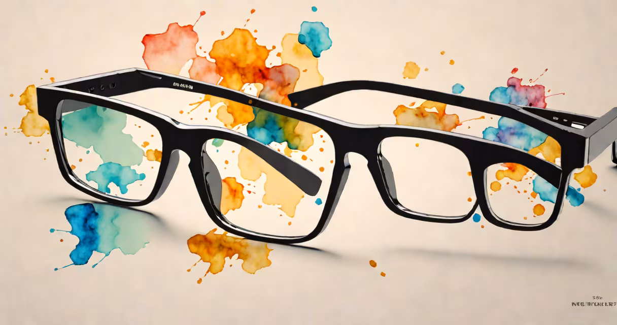 Sleek black AR glasses with subtle lens glow, floating above a minimalist desk with digital interface overlay