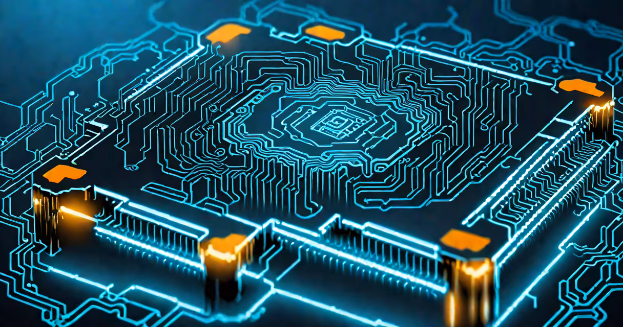 A futuristic quantum processor chip under glass, glowing with blue light patterns