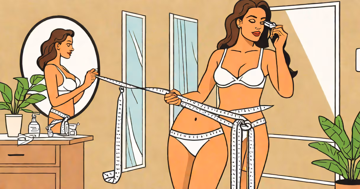 Woman standing in front of full-length mirror, measuring her band size with a soft tape measure