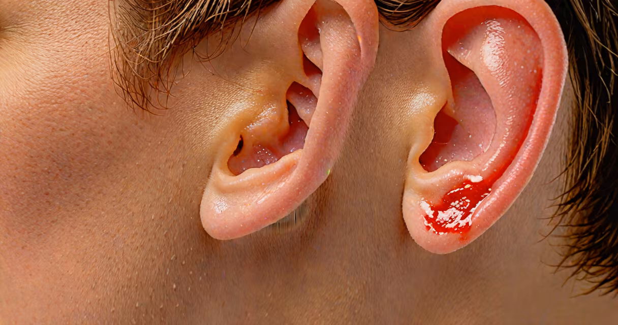 Close-up of inflamed outer ear canal with redness and swelling, typical of swimmer's ear