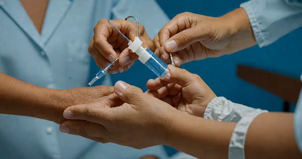 A healthcare worker administering a typhoid vaccine in a rural clinic setting