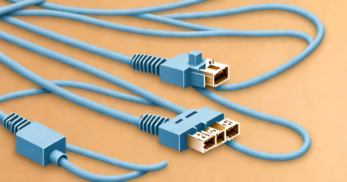 Close-up of a Cat5e Ethernet cable connected to a router and computer, showing standard RJ45 connectors