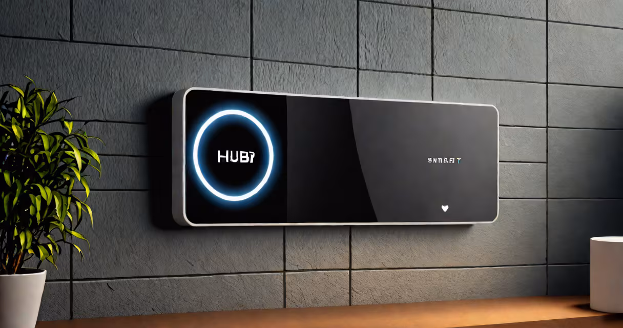 Modern smart hub device with LED indicators, mounted on a wall near a home network router