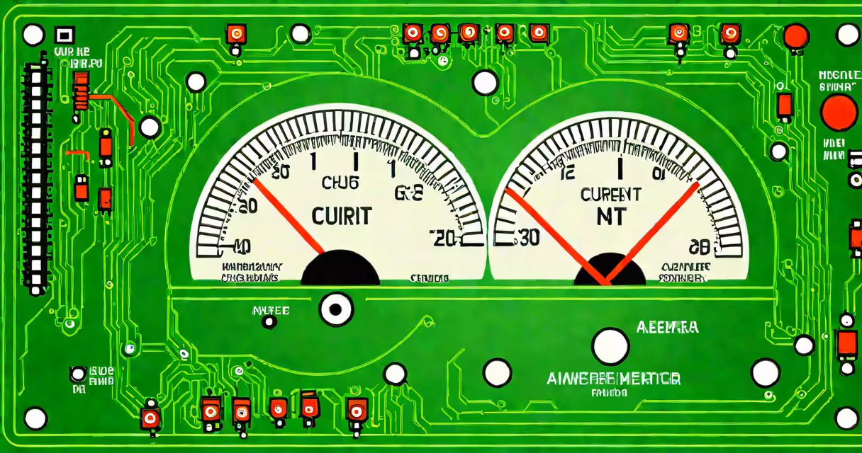 Digital ammeter displaying current reading on a circuit board