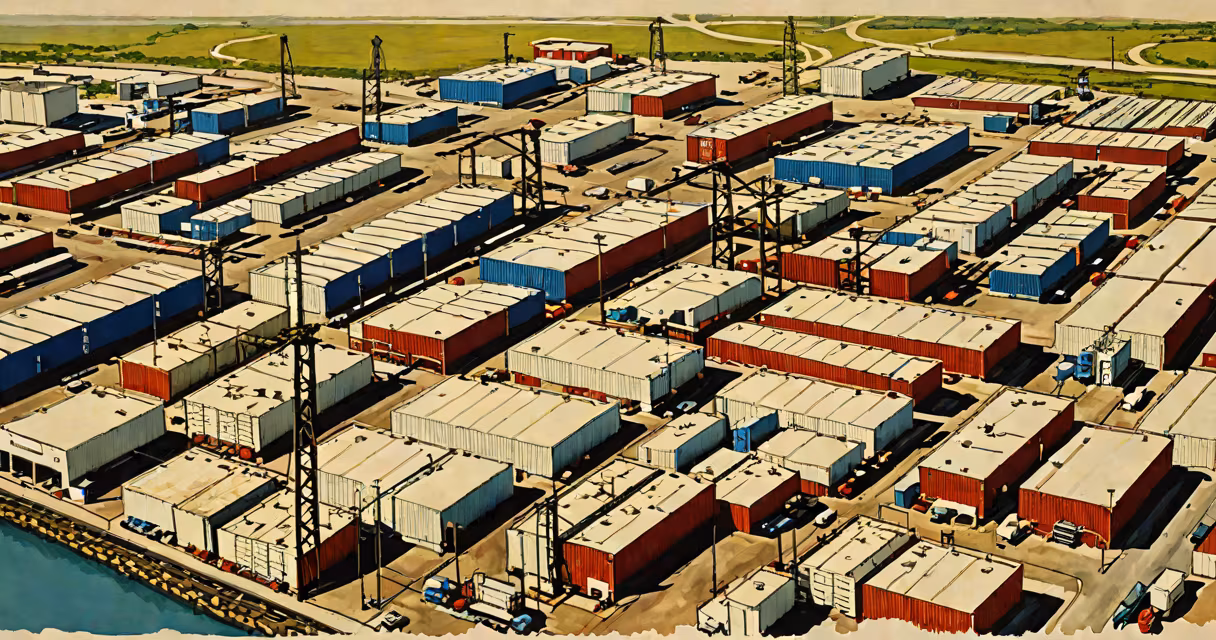 Aerial view of the San Antonio port complex with rail lines, warehouses, and container yards