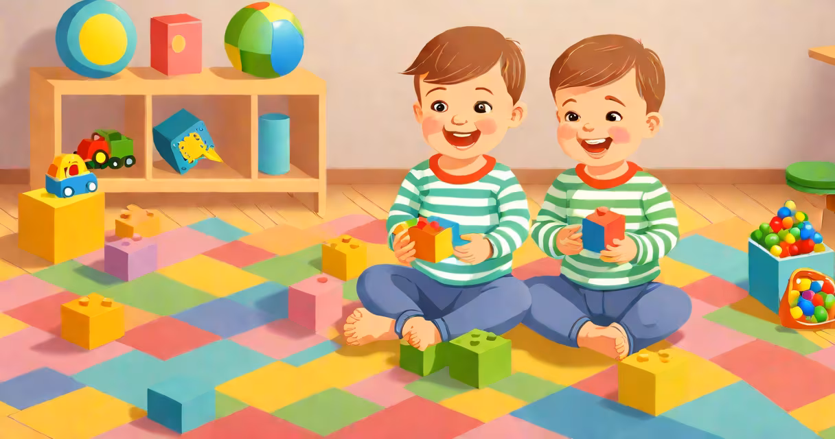 A smiling 2-year-old holding a toy block, sitting on a colorful rug in a home playroom