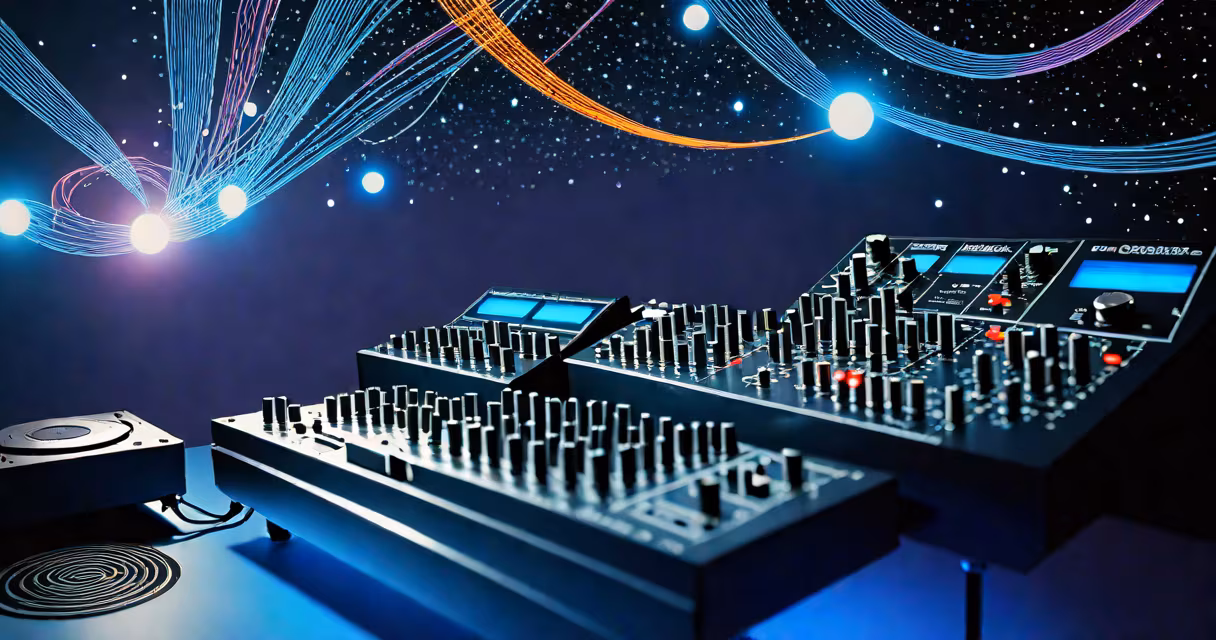 Vintage synthesizer glowing under blue lights, surrounded by retro space art and vinyl records