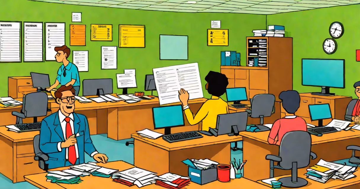 IRS processing center with tax forms and computer screens showing refund status updates