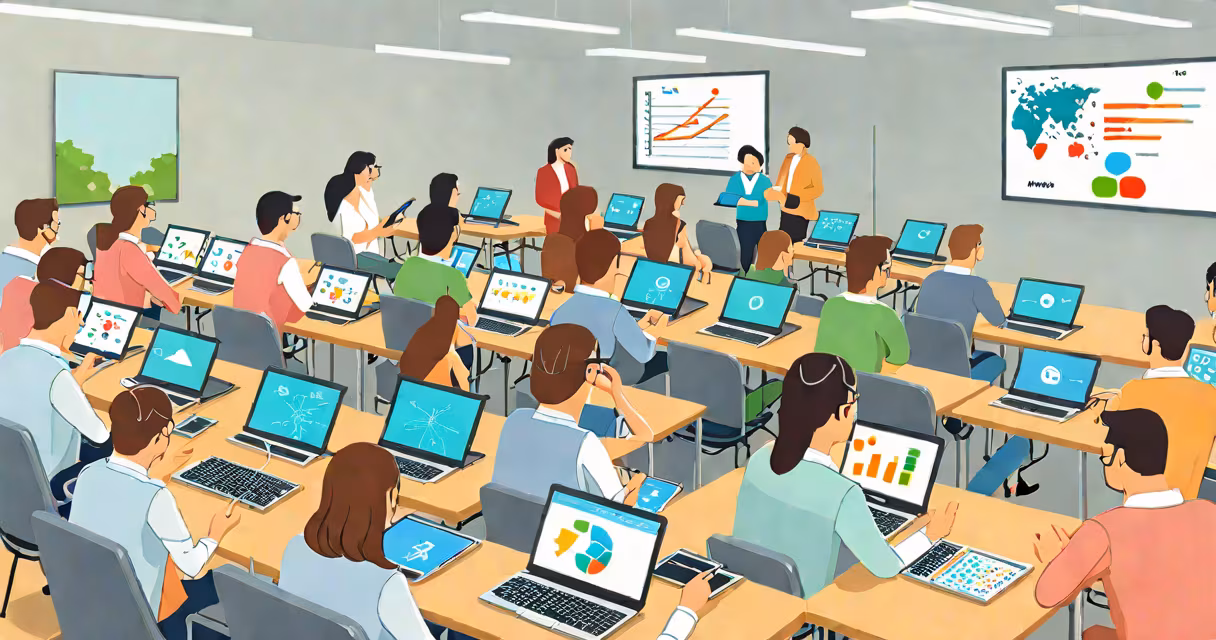 Photograph of a university classroom with students using tablets and a professor interacting with a smartboard displaying AI-generated data visualizations