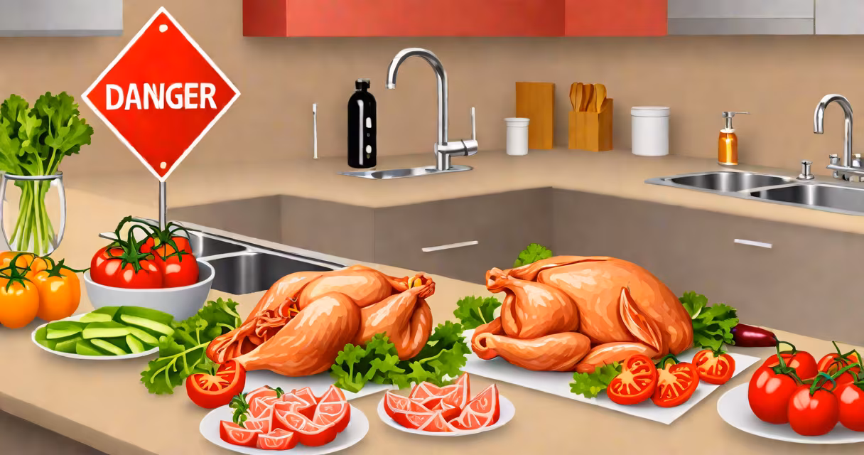 Close-up of raw chicken and vegetables on a kitchen counter with a red "danger zone" warning sign nearby
