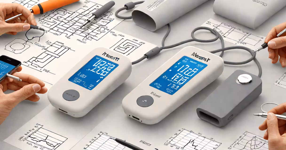 Digital blood pressure monitor with smartphone app interface, showing real-time readings