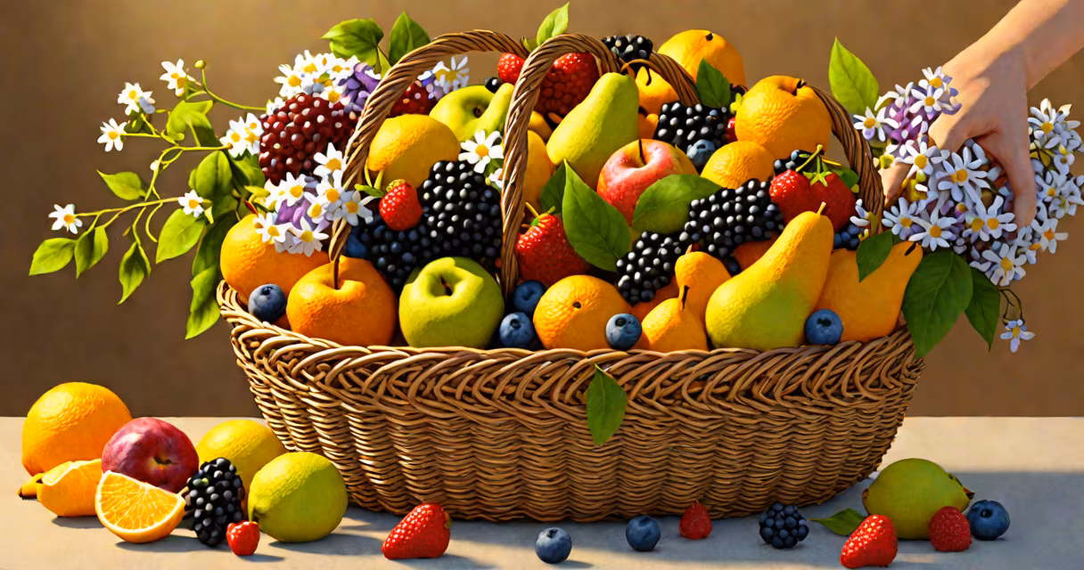 A close-up of hands holding a basket overflowing with fresh fruits and flowers under soft sunlight