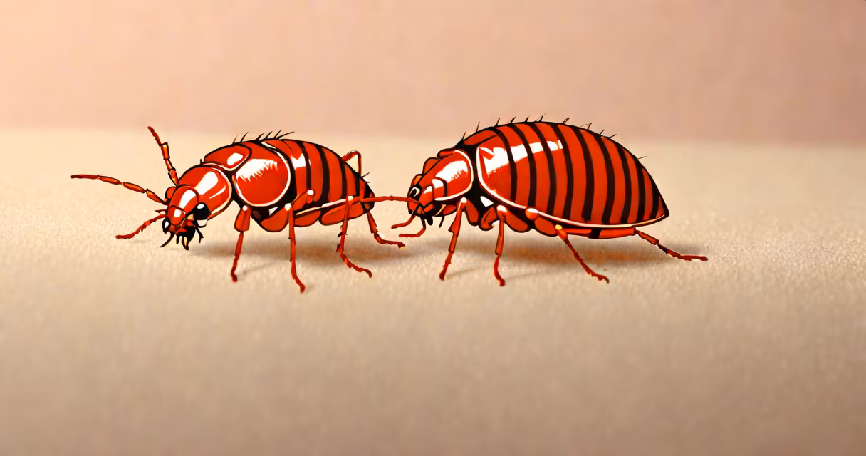 Close-up of a bed bug near human hairline on a pillowcase, with subtle red bite marks visible