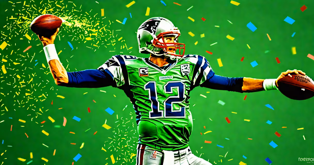 Digital art of Tom Brady firing a glowing green missile labeled "Piss Missile" from his hand, surrounded by confetti and footballs