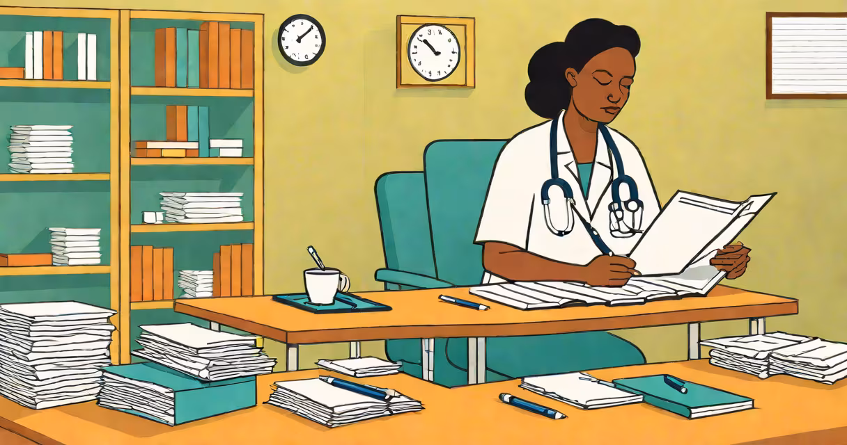 Healthcare social worker reviewing patient files in a clinic setting
