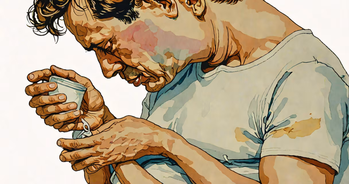 Side profile of a person holding their abdomen, looking uncomfortable, with subtle visual cues of bloating and tension