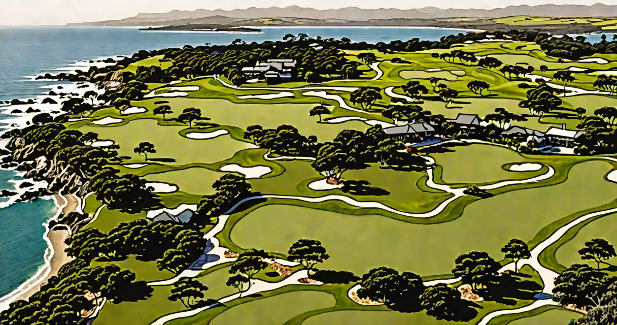 Aerial view of Te Arai Golf Club with ocean backdrop and tree-lined fairways