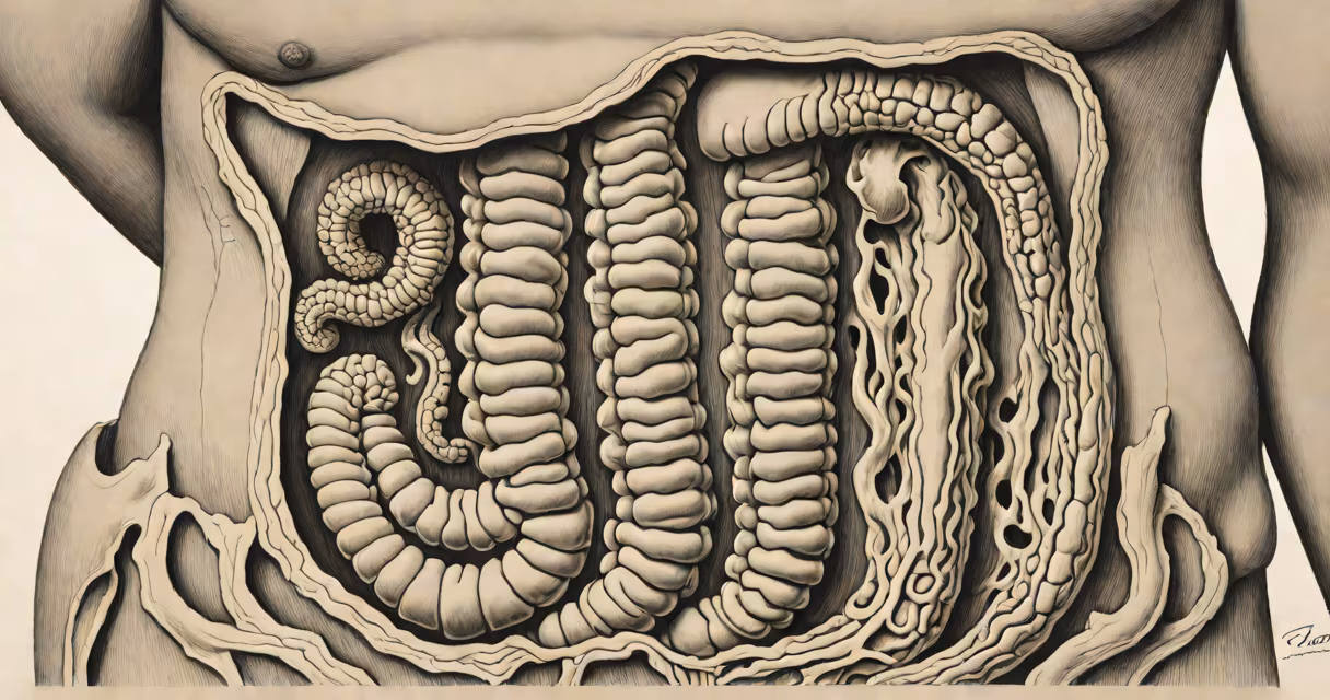 Cross-section of human large intestine showing colon segments and surrounding abdominal structures