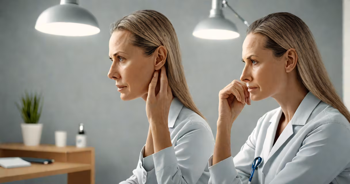 Woman with thinning hair sitting in a clinic examining her scalp under a light