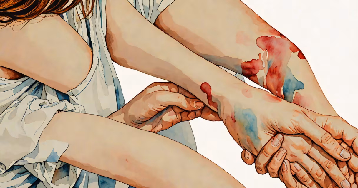 Woman with pale skin examining bruises on her forearm under natural light