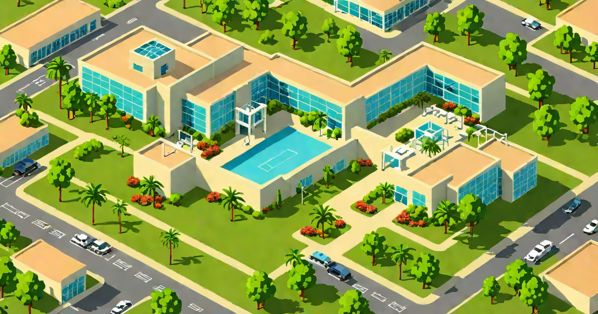 Modern medical center with a cross symbol and greenery, located in Mission Viejo, California