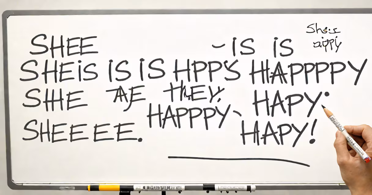 Photograph of a whiteboard with the sentences "She is happy" and "They are happy" written in contrasting colors