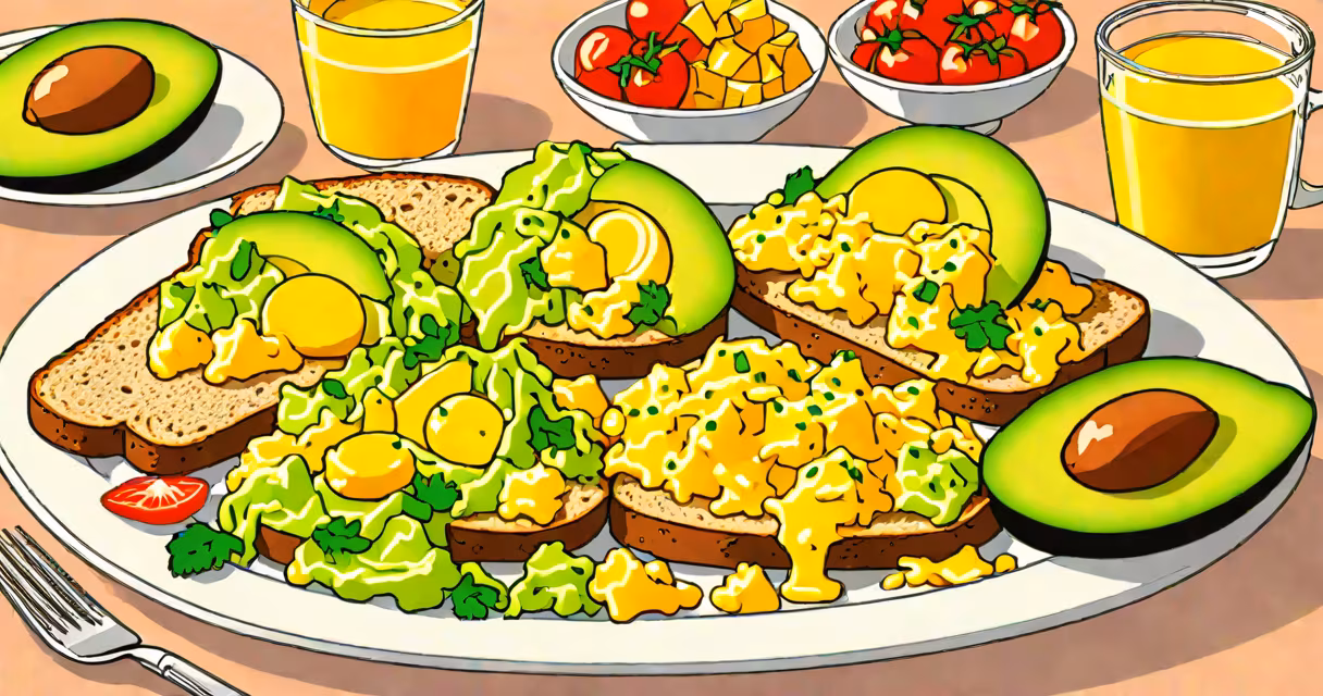 A colorful plate of scrambled eggs, avocado slices, and whole-grain toast on a white ceramic dish