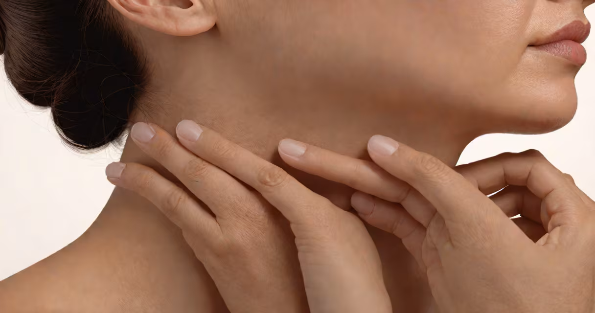 Close-up of a person gently touching their neck with a concerned expression