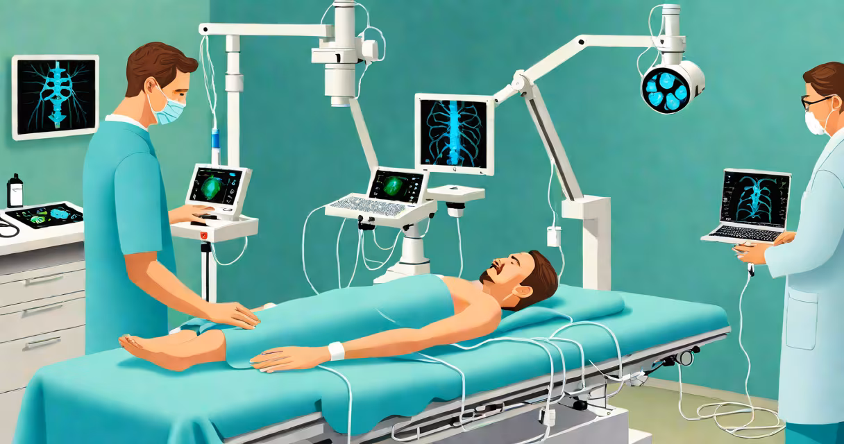 A medical student wearing a lead apron practices positioning a patient during a simulated angiography procedure